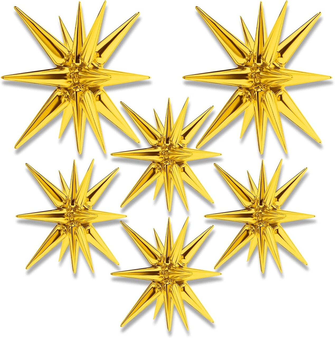 6-Pack Gold Starburst Foil Balloons – 14-Point Cone, 27 & 22in for Wedding, Birthday & Party Decor